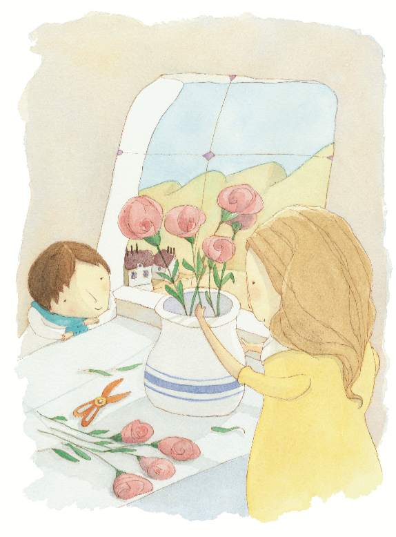 Mãe ajeitando vaso de flores e menino olhando. Página 8 do livro Como natureza. Imagem ilustrativa texto Dia da Mães.