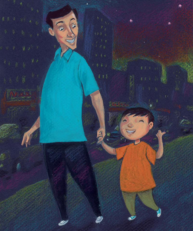 Pai passeando com filho pela cidade, de mãos dadas. O pai que lia pensamentos, página 28. Imagem ilustrativa texto masculinidade tóxica.