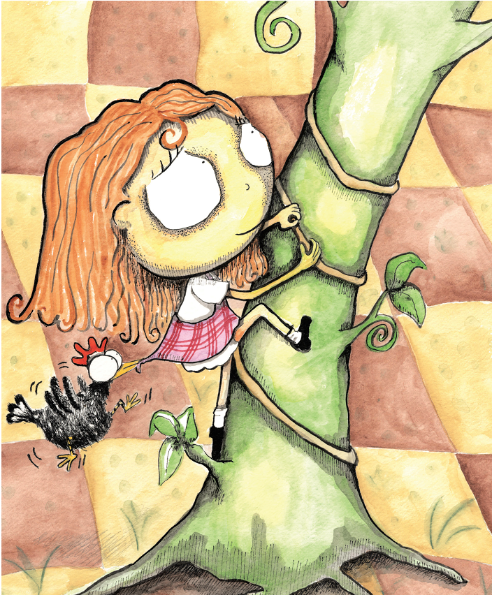 Menina subindo na árvore, com galinha puxando o vestido e o chão xadrez. Página 11 do livro Joana e o pé de feijão. Imagem ilustrativa do texto livro de imagem. 