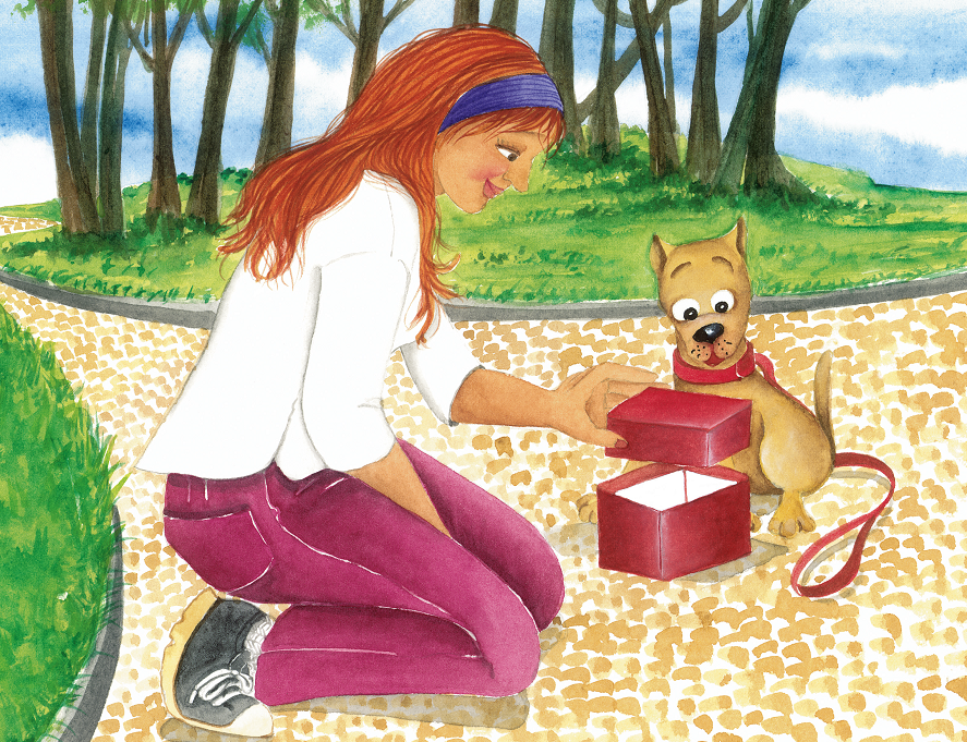 Mulher abrindo caixa, com cachorro na praça. Página 12 do livro O mistério da caixa vermelha. Imagem ilustrativa texto livro de imagem.