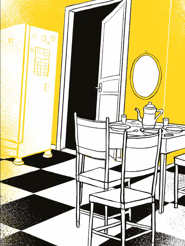 Copa, com geladeira, mesa, cadeiras e chão xadrez. Página 55 do livro metade pai, metade mundo. Imagem ilustrativa texto tarefas domésticas crianças.