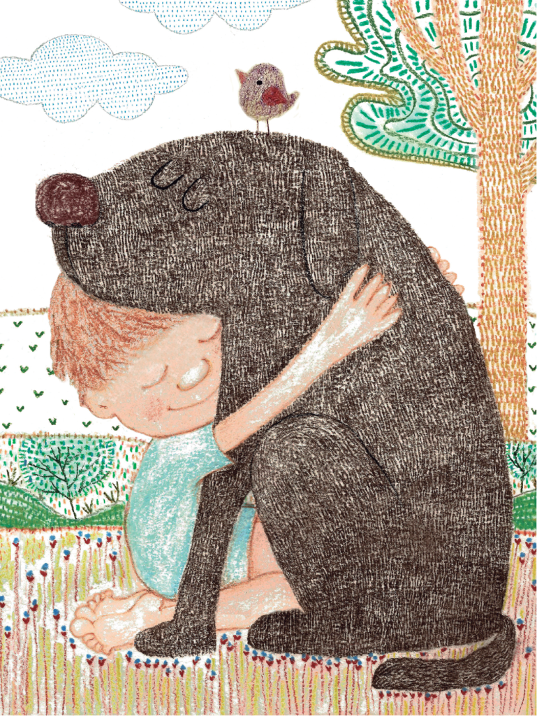Criança na natureza abraçando cachorro, com passarinho em cima. Página 23 do livro Cada um no seu lugar. Imagem ilustrativa texto meio ambiente.