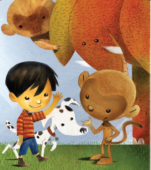 Criança com cachorro, elefante, macaco e coala, Página 9 de O livro do pé. Imagem ilustrativa texto meio ambiente.
