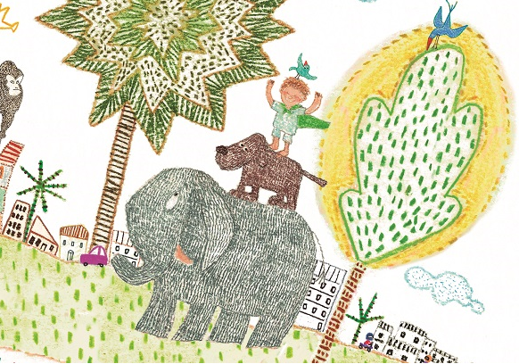 Pássaro sobre menino sobre cachorro sobre elefante. Imagem ilustrativa texto Cada um no seu lugar.