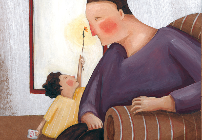 Menino dando flor para o pai sentado no sofá. O menino e a flor, página 25. Imagem ilustrativa texto masculinidade tóxica.