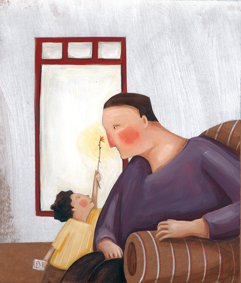 Menino dando flor para o pai sentado no sofá. O menino e a flor, página 25. Imagem ilustrativa texto masculinidade tóxica.