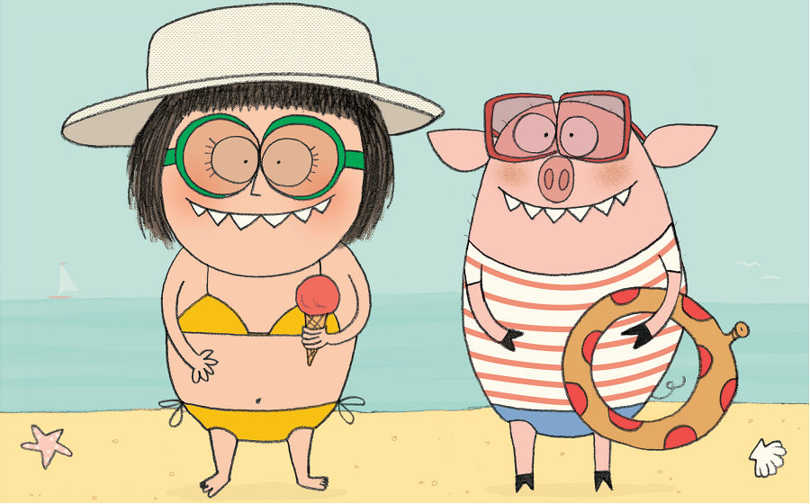 Menina e porco na praia, com sorvete e boia. Página 8 do livro Amigos. Imagem ilustrativa texto cartum.