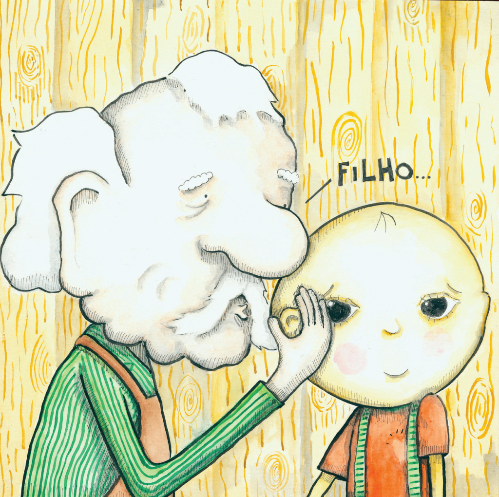 Homem velho e menino, com o dizer "filho". Página 30 do livro Finóquio imagem ilustrativa texto pais. 