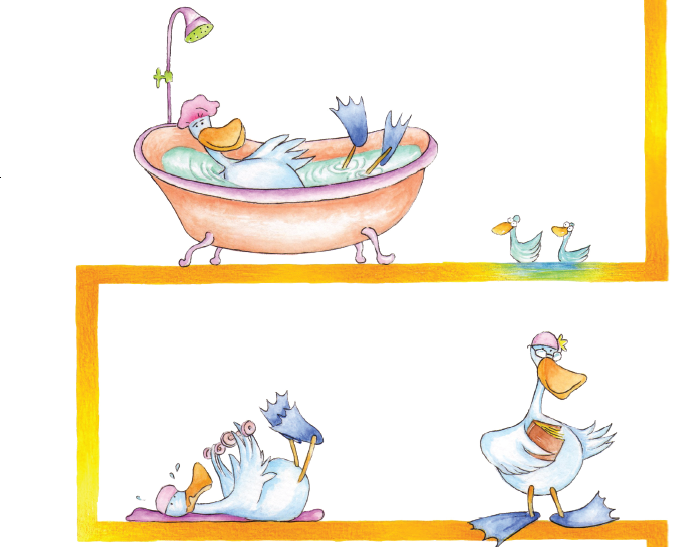 Pato na banheira, fazendo exercícios e lendo. Página 38 do livro Oreosvaldo, o Pássaro das Sombras. Imagem ilustrativa texto cartum.