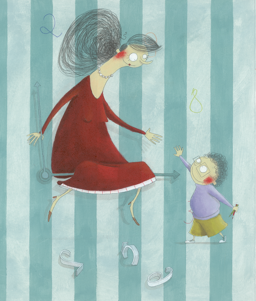 Mulher sentada no ponteiro do relógio e criança. Página 21 do livro A professora encantadora. Imagem ilustrativa texto livros para crianças e adultos.