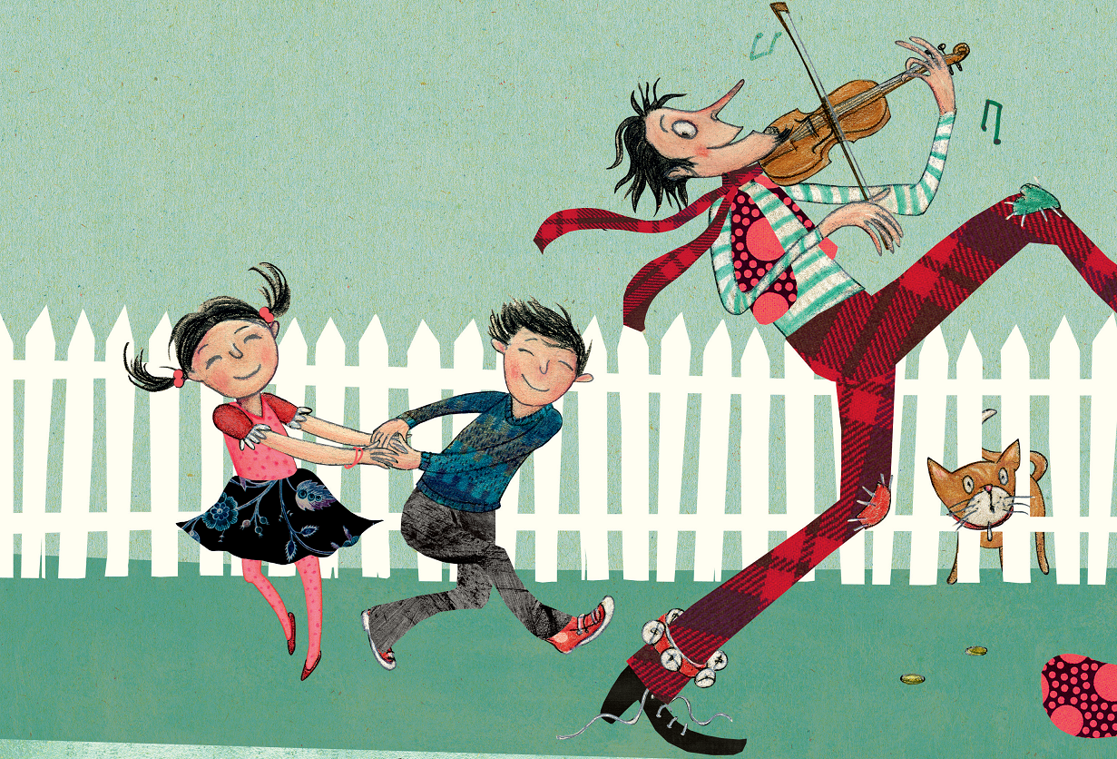 Homem tocando violino, crianças e animais dançando. Página 26 do livro A grande viagem de Rosita. Imagem ilustrativa texto incentivar o gosto pela música.