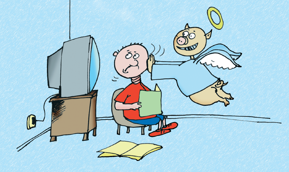 Menino tentando estudar, e porco anjinho empurrando a cabeça dele para a TV. Página 8 do livro Espírito de porco. Imagem ilustrativa texto Nani.