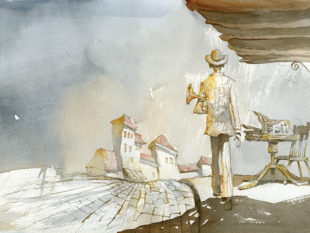 Homem de costas, com trompete debaixo do braço. O trompetista na tempestade, página 29. Imagem ilustrativa texto Lelis.