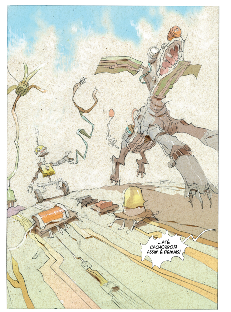 Robô correndo atrás de cachorro. Reconexão, página 42. Imagem ilustrativa texto Lelis.
