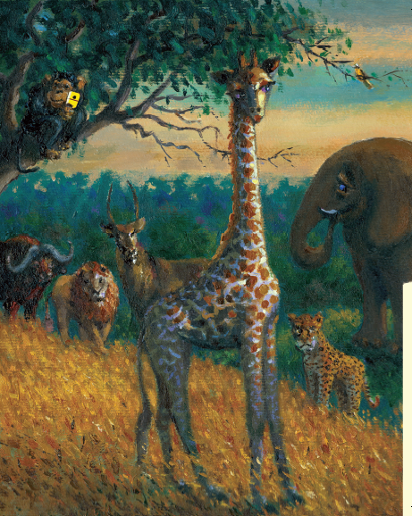Búfalo, macaco na árvore com celular, leão, veado, girafa, tigre e elefante. A, B, Z... bicho, página 20. Imagem ilustrativa texto Anderson de Oliveira.