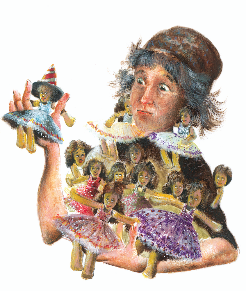 Mulher segurando várias bonecas. Dona Feia, página 17. Imagem ilustrativa texto Anderson de Oliveira.