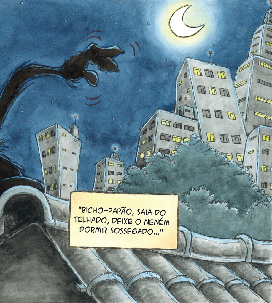 Sombra de braço, telhado, prédios e Lua. Assim nasce um bicho-papão, pagina 5.