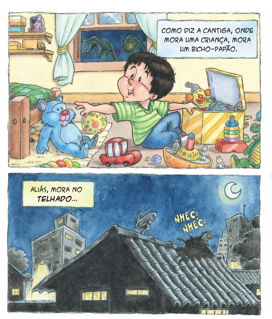 Menino com brinquedos e monstro no telhado. Assim nasce um bicho-papão, página 6.