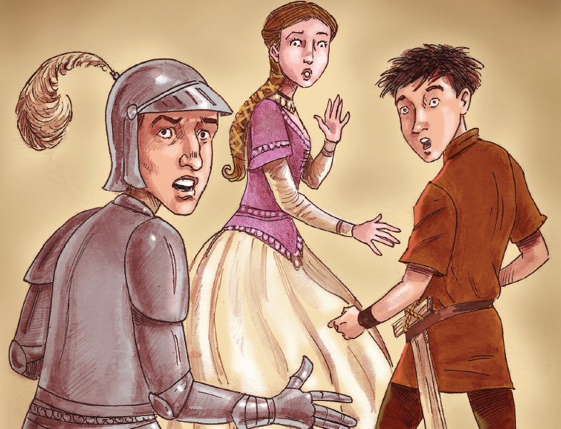 Cavaleiros e princesa. Entre magos e cavaleiros, página 103. Imagem ilustrativa texto livros de aventura para crianças.