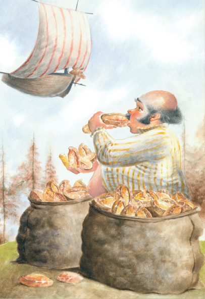 Homem comendo pão, vendo navio voando. Vladimir e o navio voador, página 37. Imagem ilustrativa texto suspensão da descrença.