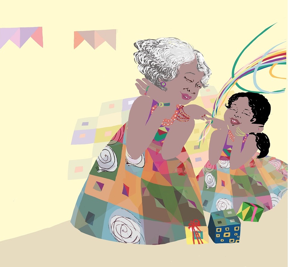 Menina e avó com vestidos coloridos. Há um sol na solidão de Eduarda, páginas 26 e 27. Imagem ilustrativa texto livros sobre festas.