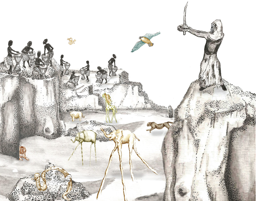 Homem com espada do alto do morro. Do outro lado, homens tocando tambor. Abaixo, girafas, elefantes, tigres e pássaros. Sundiata página 58. Imagem ilustrativa texto africanidades.