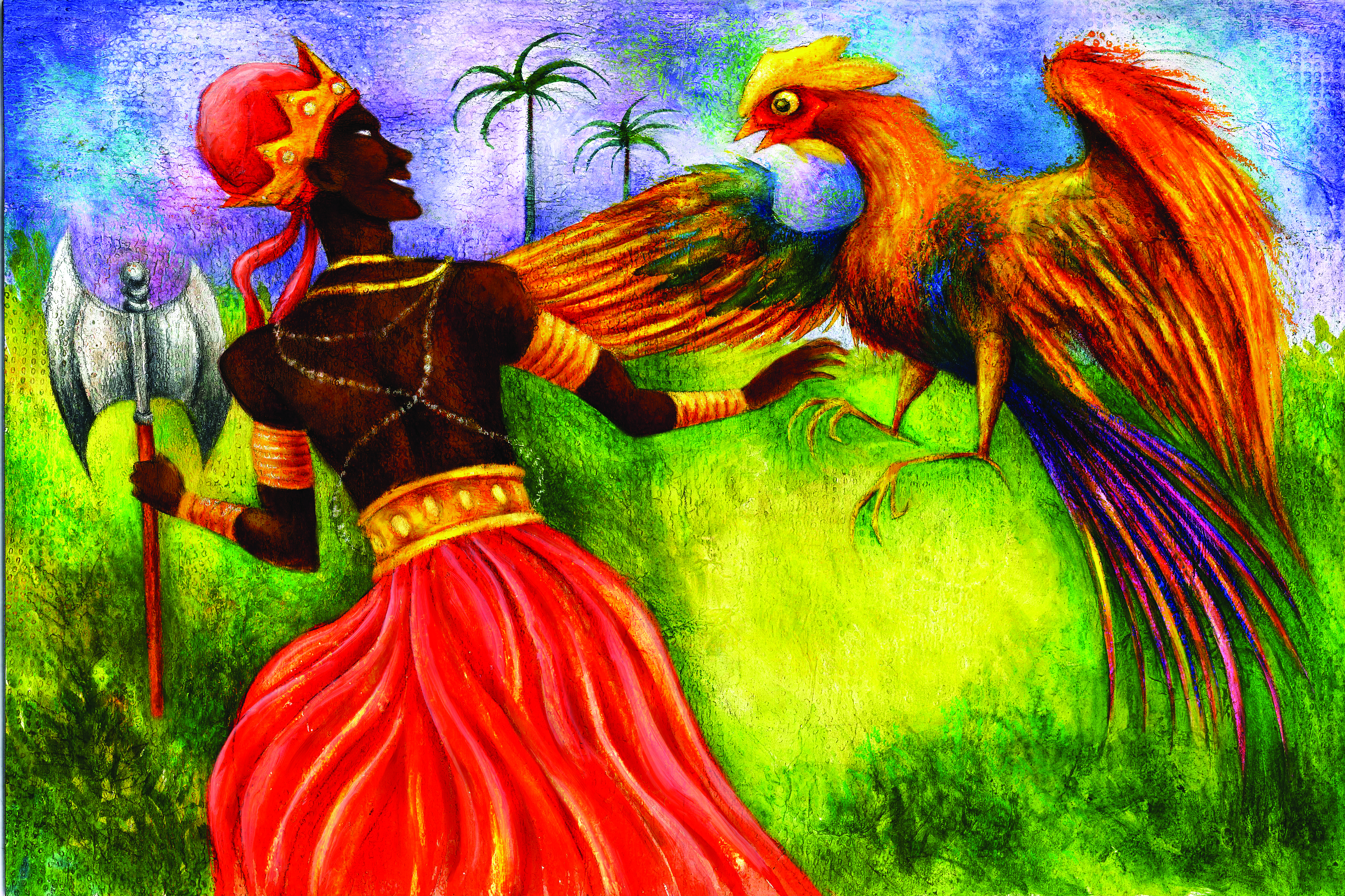 Guerreiro africano com galo. Páginas 44 e 45 do livro Contos de Olófi. Imagem ilustrativa texto africanidades.