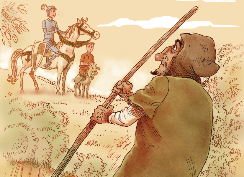 Cavaleiro montado a cavalo e menino montado em cabra.  Entre magos e cavaleiros, página 69. Imagem ilustrativa texto jornada do herói.