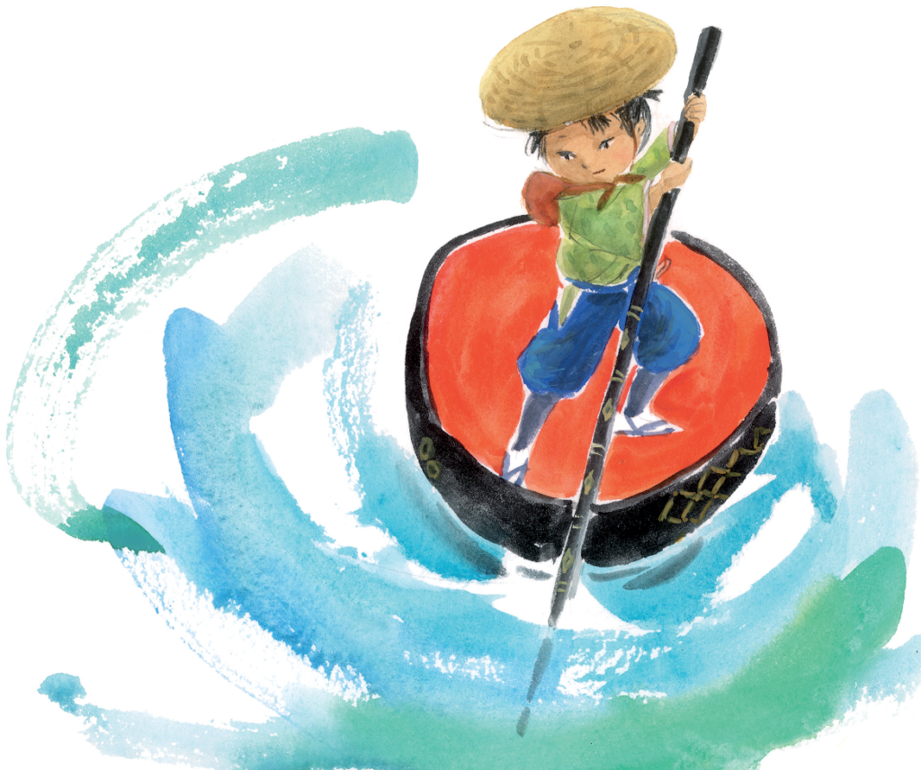 Menino no barco. Issum Boshi - O pequeno samurai, página 9. Imagem ilustrativa texto jornada do herói.