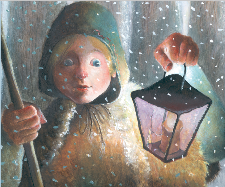 Menina, na neve, segurando lamparina.  Ludmila e os 12 meses, página 22. Imagem ilustrativa texto jornada do herói.