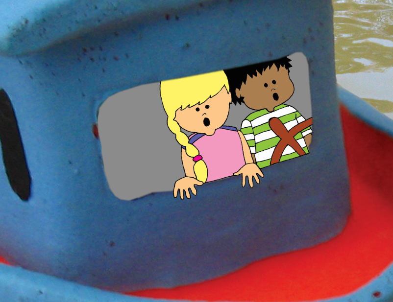 Desenho de menino e menina em barco de brinquedo. Página 22 do livro Viagem a vapor.