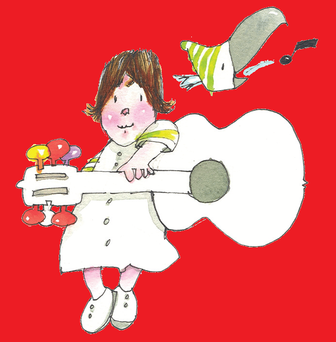 Desenho de Neusa Sorrenti tocando violão, com pássaro cantando.