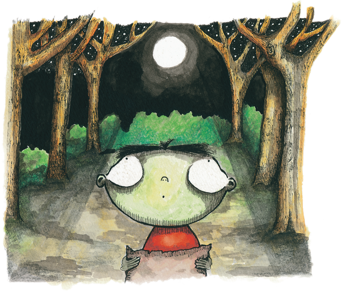 Menino lendo mapa do tesouro sob as árvores, em noite de lua cheia. Raul e o baú do vovô, página 19. Imagem ilustrativa texto bruxas.