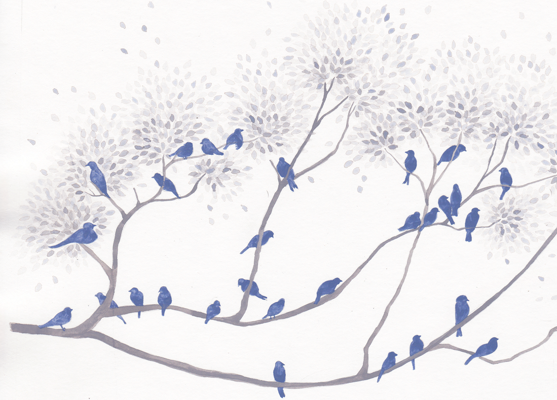 Pássaros azuis nos galhos da árvore. Aninhação, página 24.