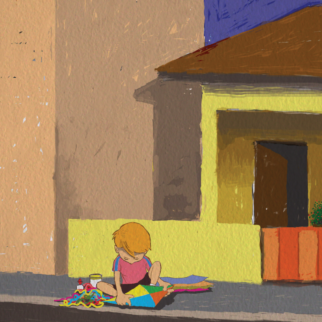 menino fazendo pipa na calçada, com casa amarela ao fundo. Voa pipa, voa, página 18.