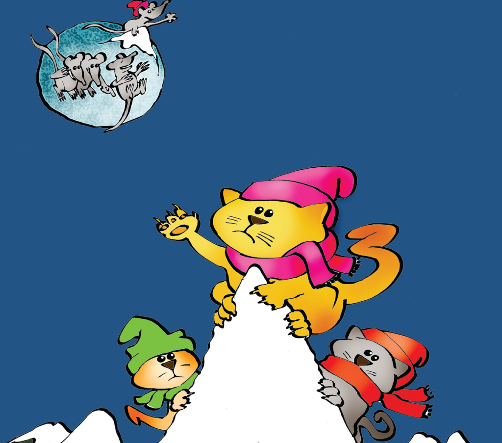 Três gatos no pico gelado da montanha, tentando alcançar a Lua, com ratos rindo. A lua cheia de, página 12. Imagem ilustrativa texto LOR.