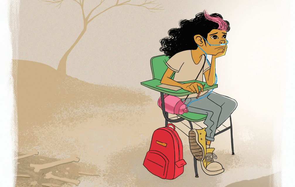 Menina sentada na carteira, com mochila ao lado e tubo ligado a um cilindro de oxigênio. Ao fundo, uma floresta desmatada. Ainda uma flor resta pág. 7. Imagem ilustrativa texto tipos de narrador.