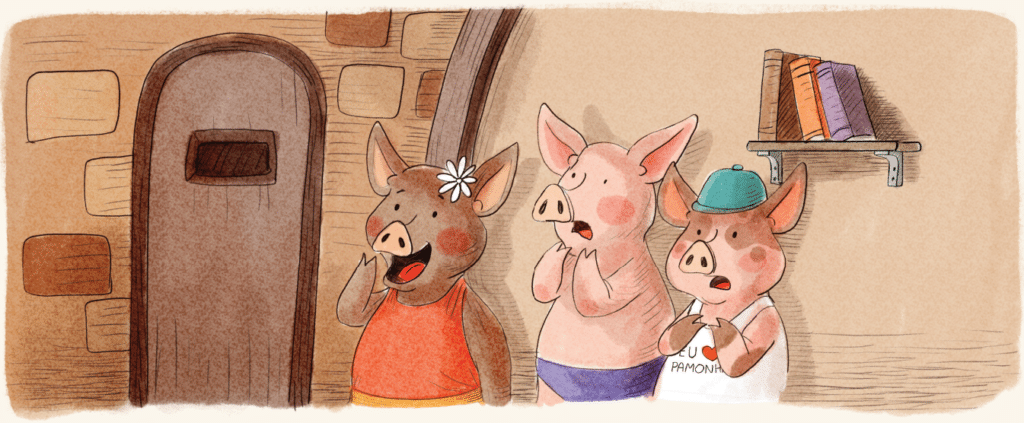 Os Três Porquinhos, página 26. Imagem ilustrativa texto clássicos infantis.
